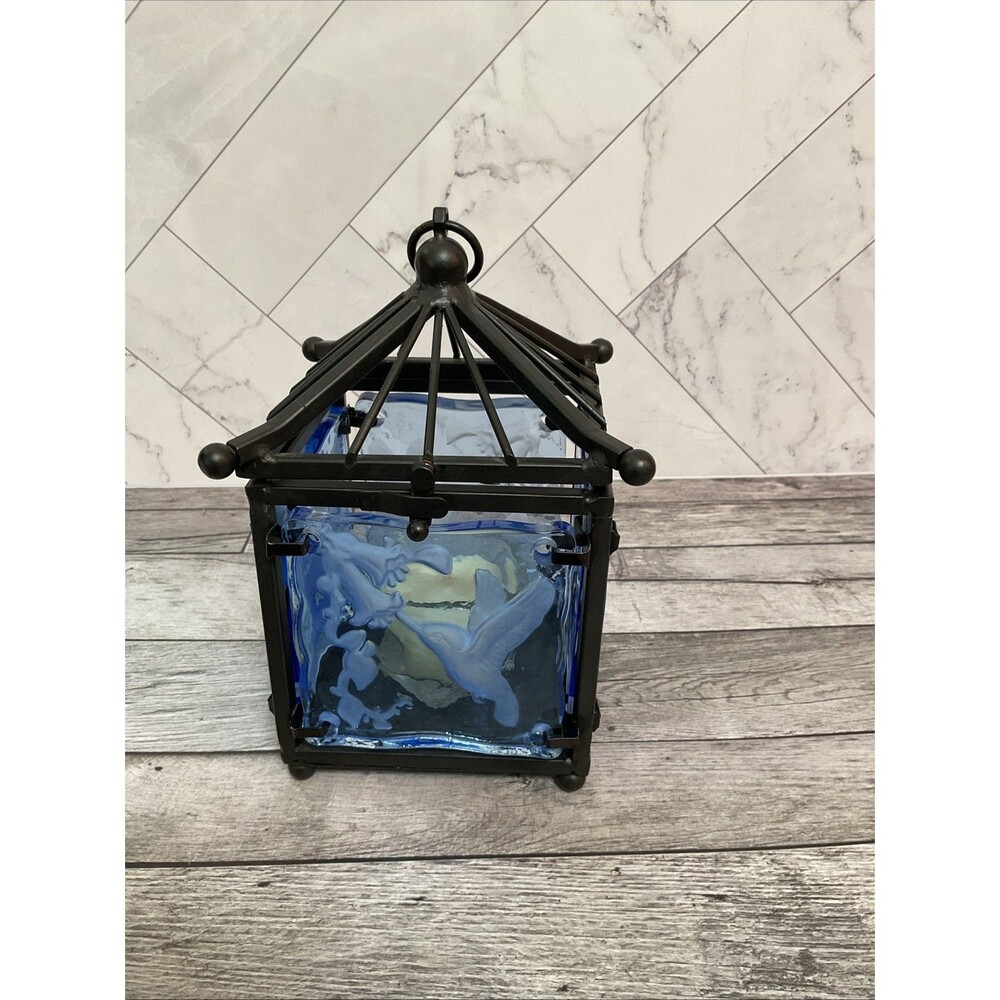 Vtg Iron Lantern With Blue Decorative GlassPanes,Hummingbird Theme.candle